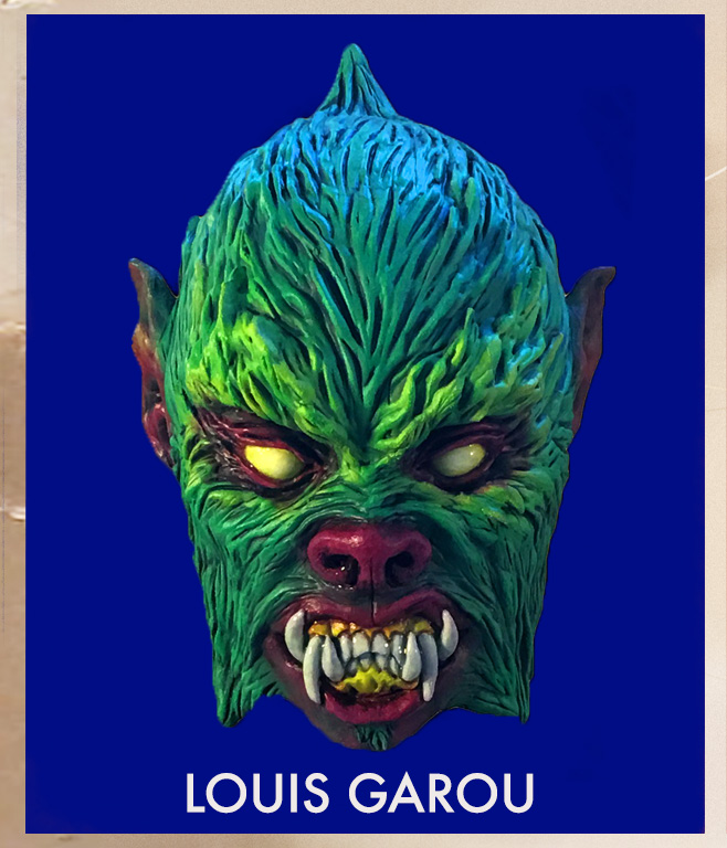 Mikey Sevier Louis Garou Wolfman GLOW latex mask and mask stand